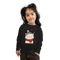 Child wearing a black sweatshirt with a Christmas-themed cat design on a white background