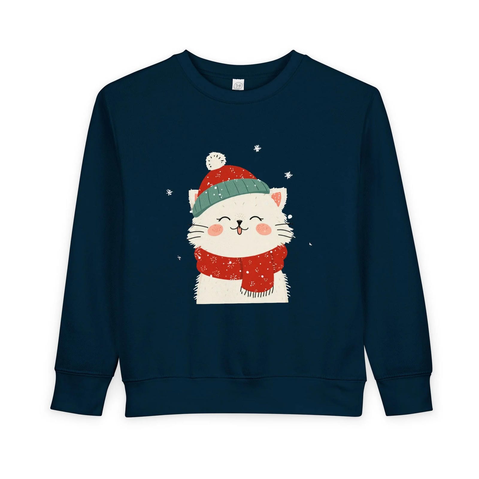 Navy blue sweatshirt with a cat wearing a red scarf and hats design on a white background