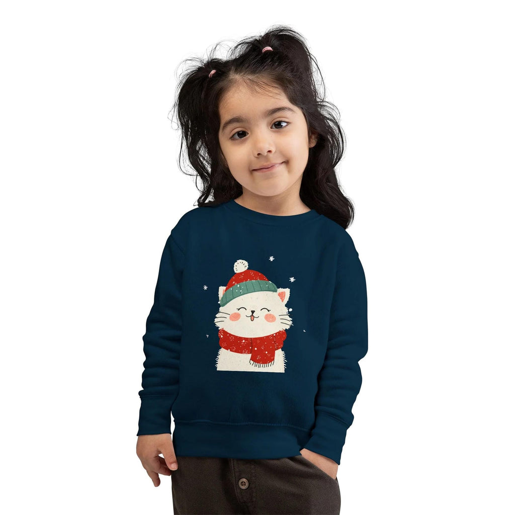 Child wearing a navy blue sweater with a cat in a Santa hat design on a white background