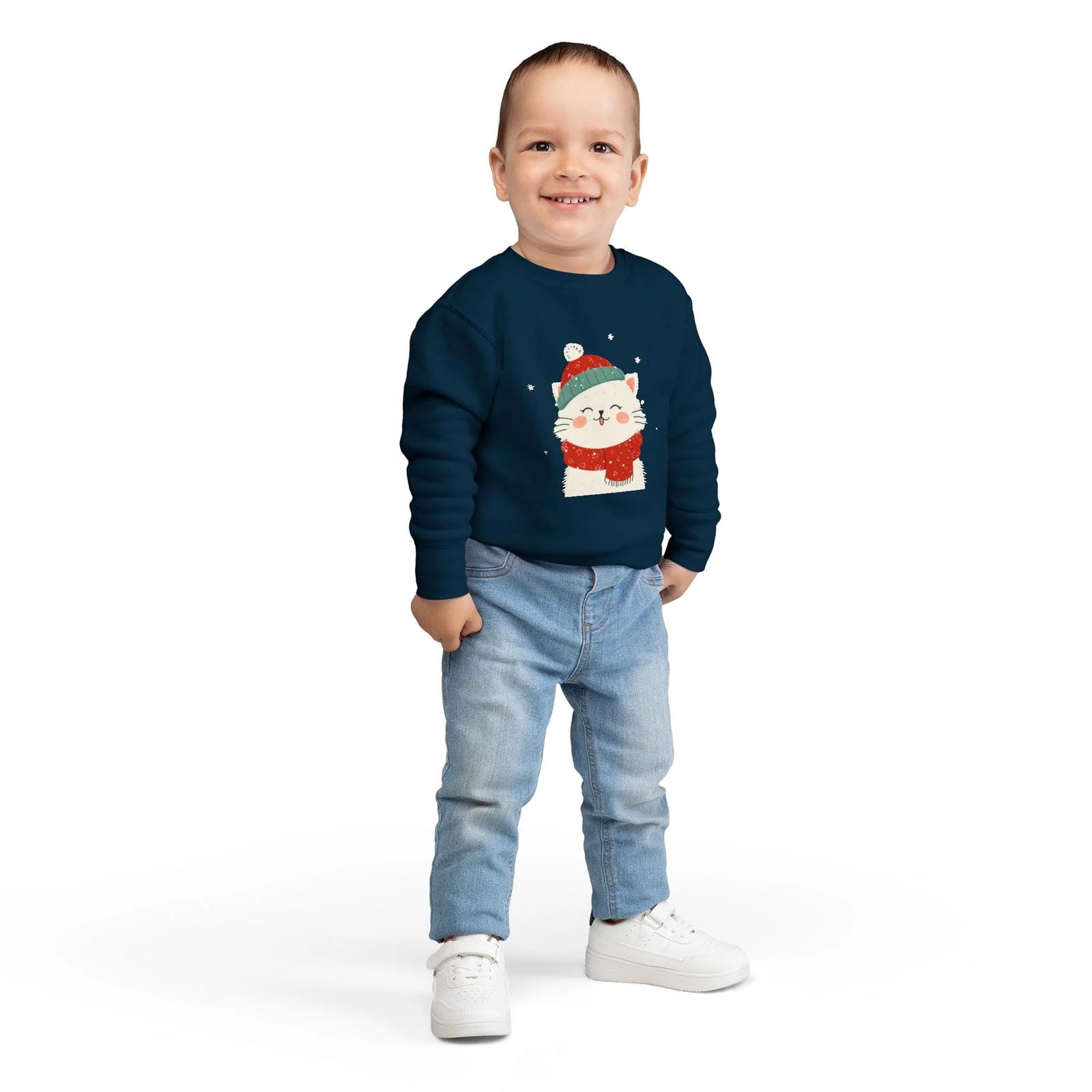 Child wearing a navy blue sweater with a Christmas-themed design on a white background