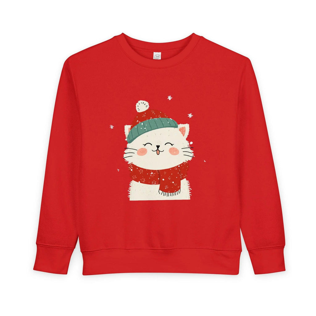 Red sweatshirt with a cat graphic wearing a green hat and red scarf on a white background