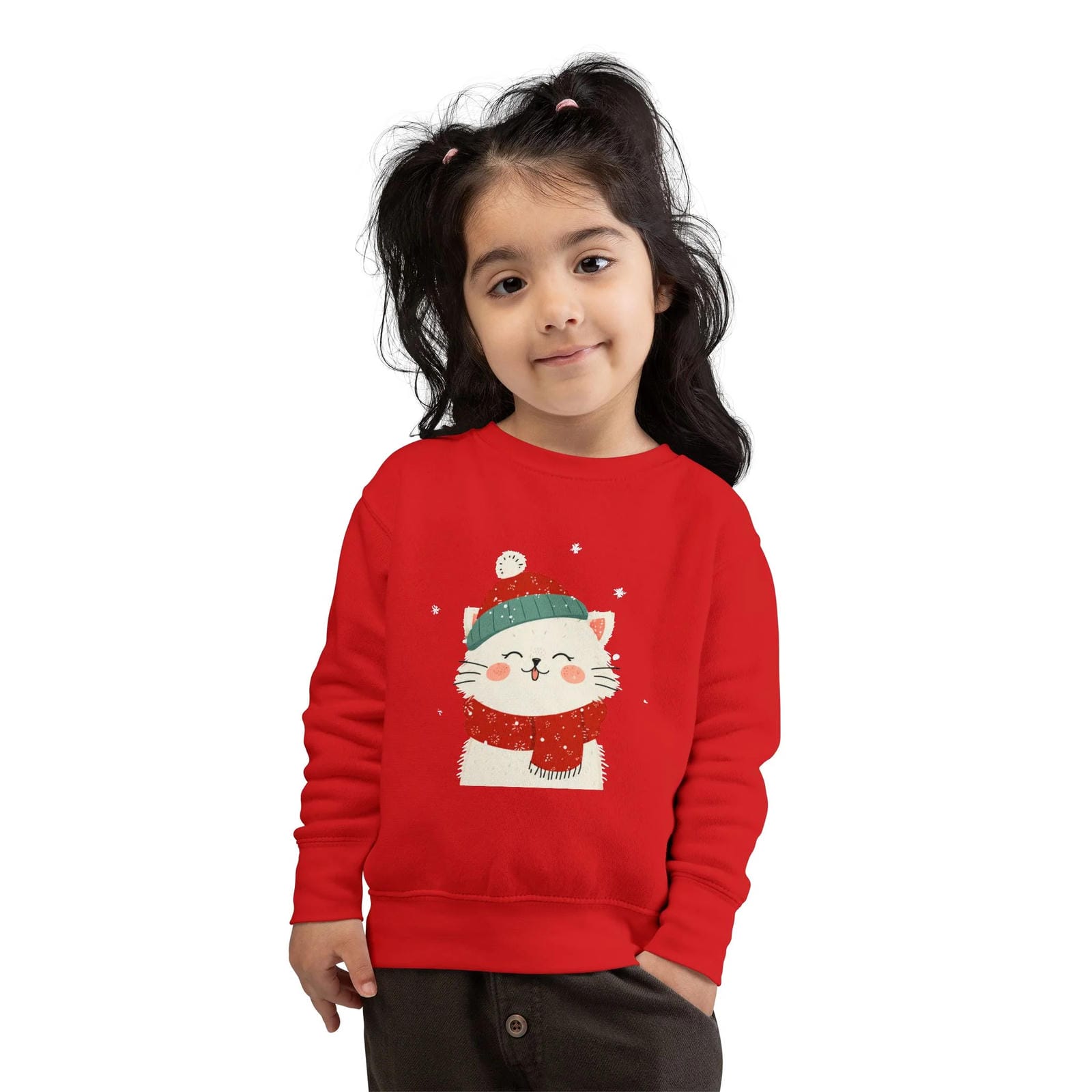 Child wearing a red sweater with a cat design on a white background