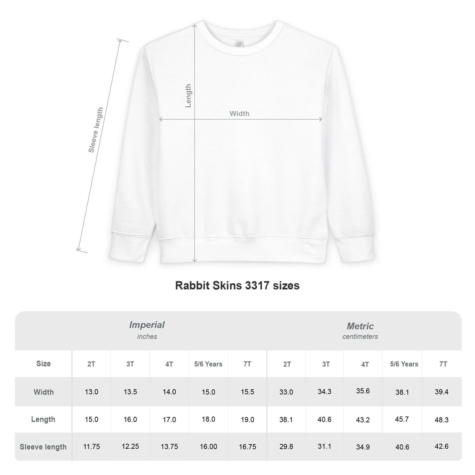 White sweatshirt with measurement chart and size chart for Rabbit Skins 3317