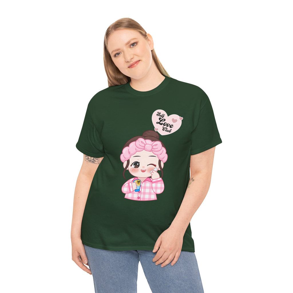 Person wearing a forest green t-shirt with a cartoon character and text on a white background
