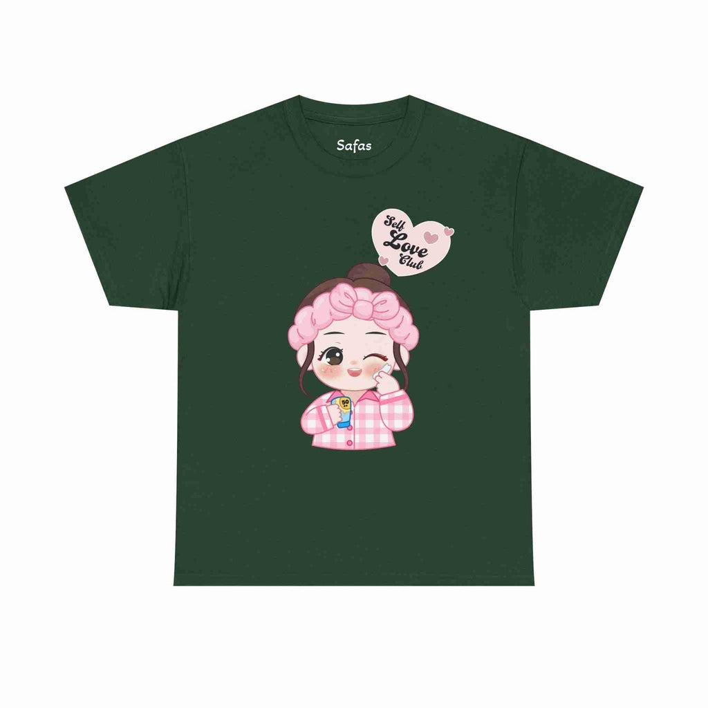 Forest Green t-shirt with a cartoon character and text on a white background