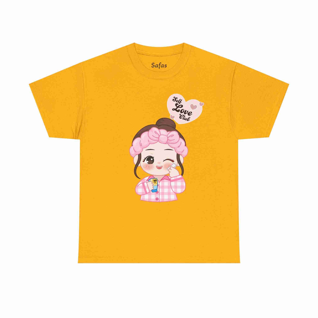 Gold t-shirt with a cartoon character and text on a white background