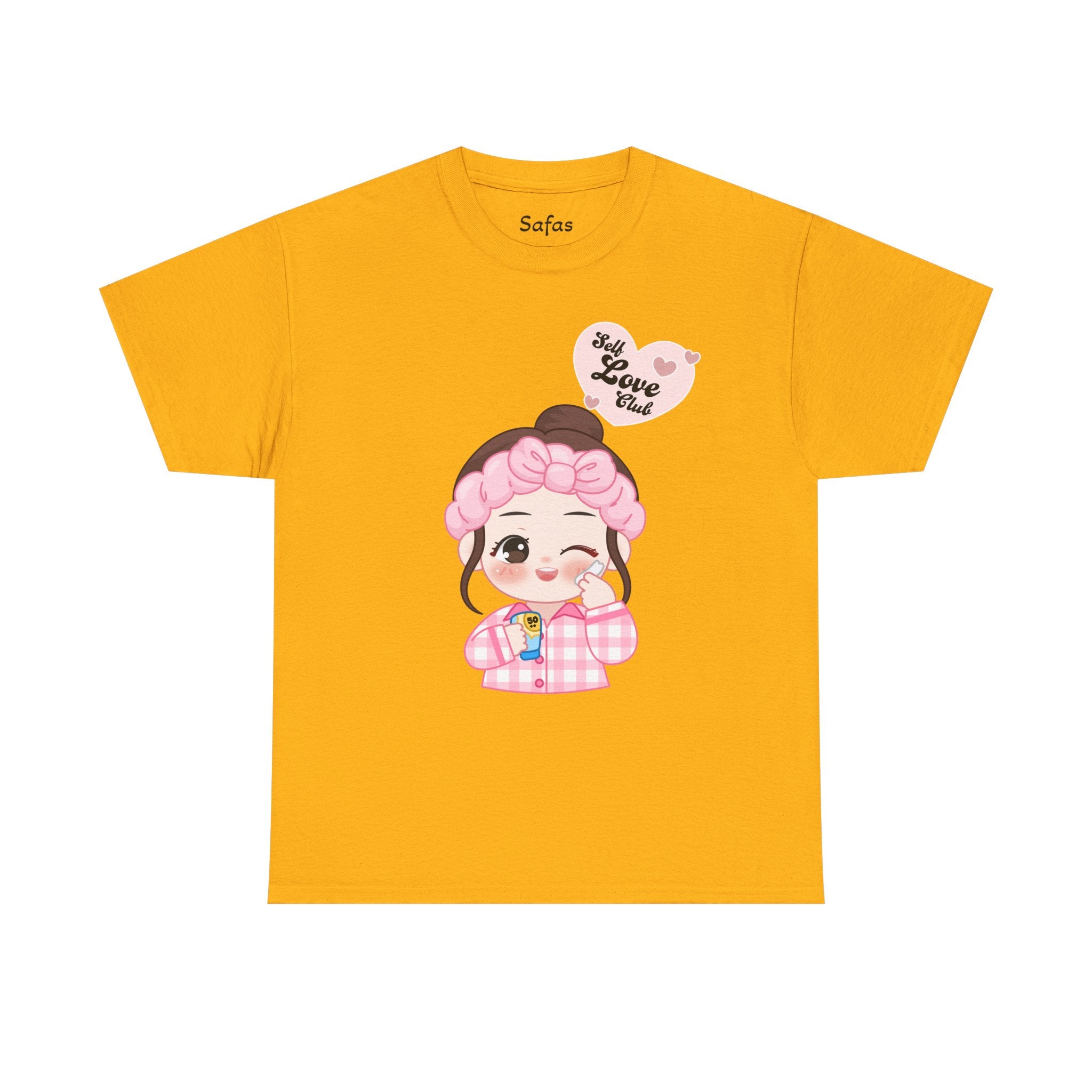 Gold t-shirt with a cartoon character and text on a white background