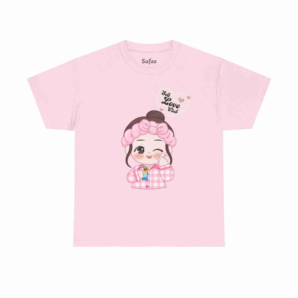 Pink t-shirt with a cartoon character and text on a white background