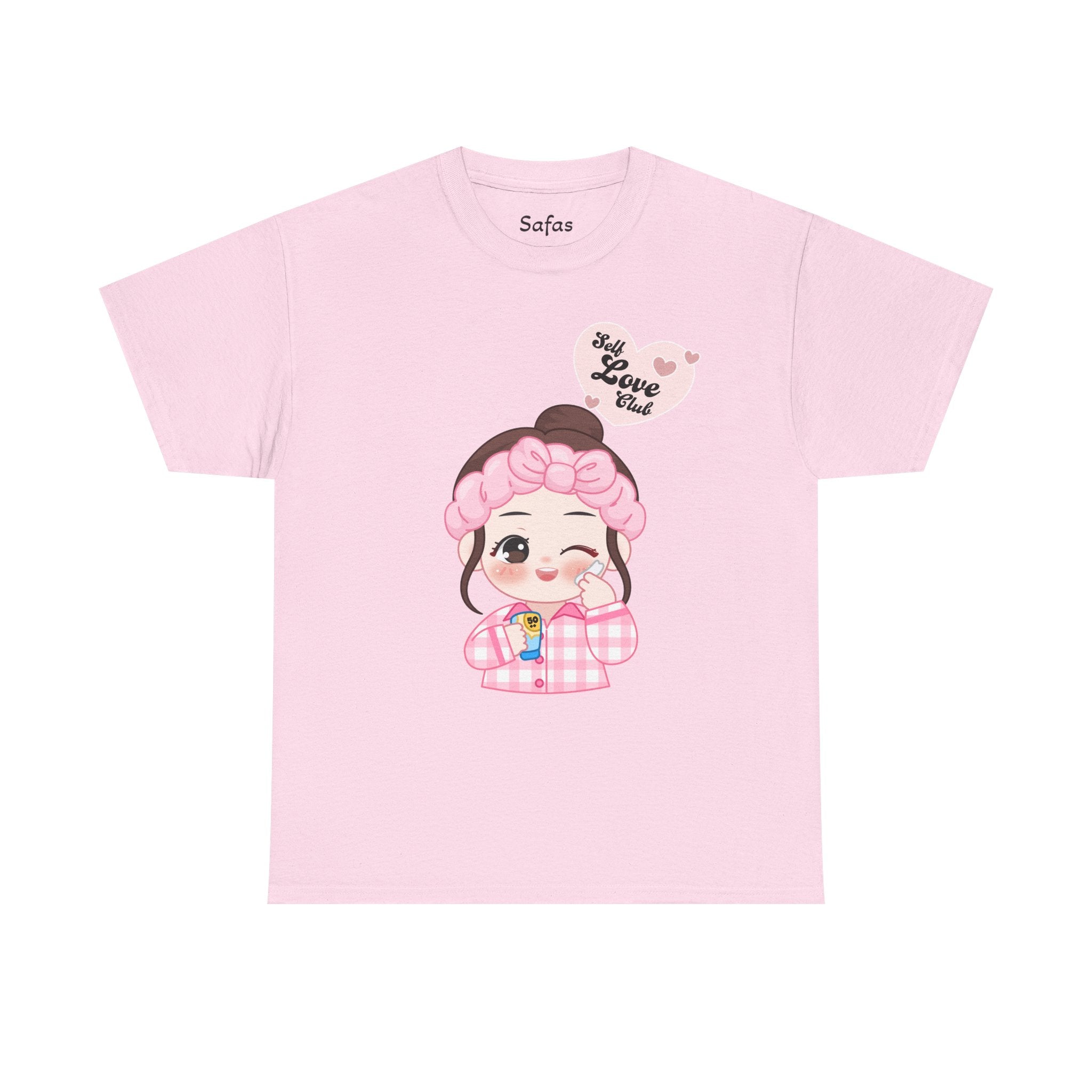 Pink t-shirt with a cartoon character and text on a white background