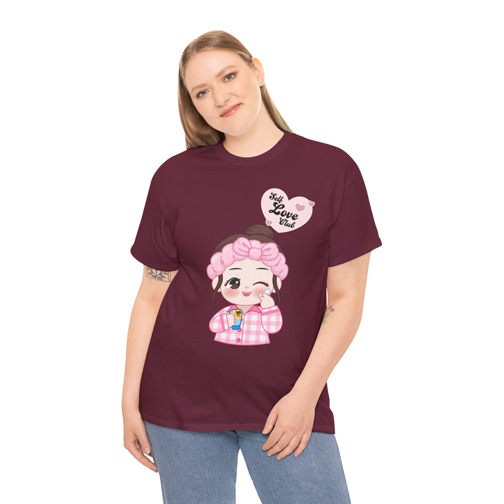 Person wearing a maroon t-shirt with a cartoon character and text on a white background