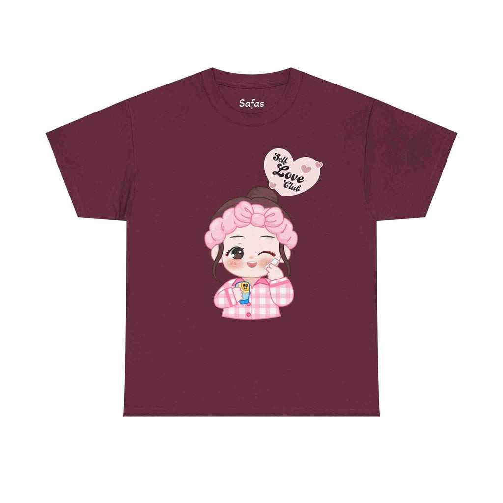 Maroon t-shirt with a cartoon character and text on a white background