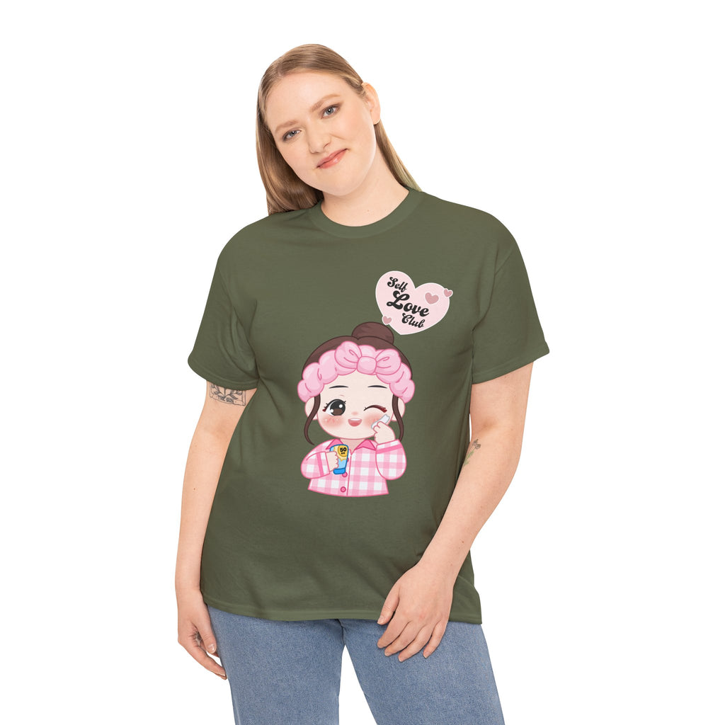 Person wearing a military green t-shirt with a cartoon character and text on a white background