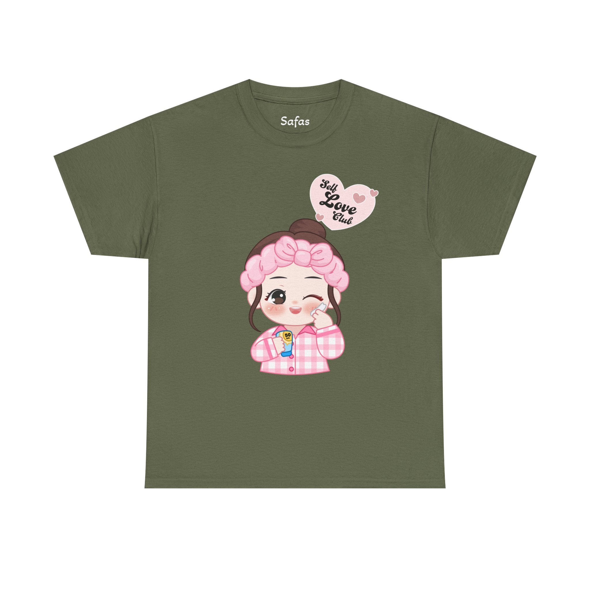Military Green t-shirt with a cartoon character and 'Self Love Club' text on a white background