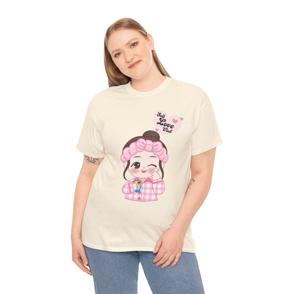 Woman wearing a Natural t-shirt with a cartoon character and text on a white background