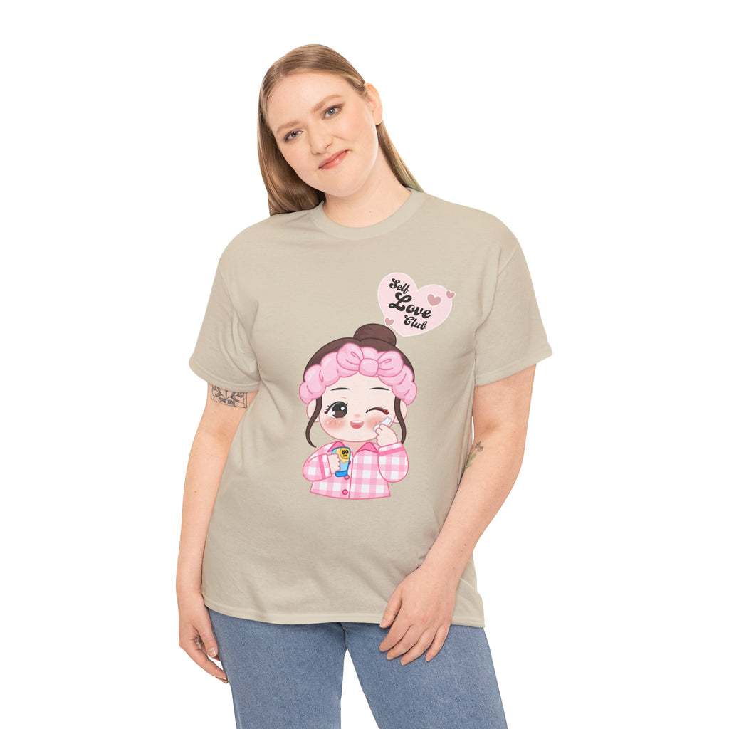 Woman wearing a Sand t-shirt with a cartoon character and text on a white background