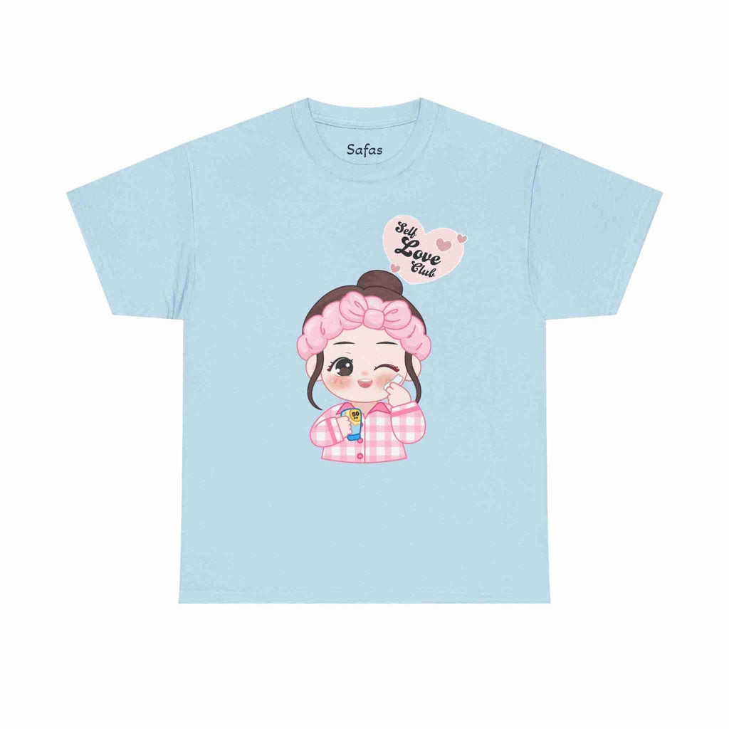 Light blue t-shirt with a cartoon character and text on a white background