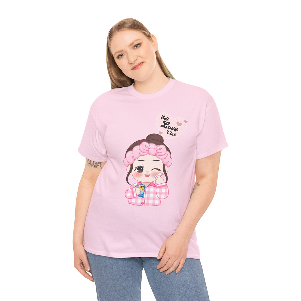 Woman wearing a pink t-shirt with a cartoon character and text on a white background
