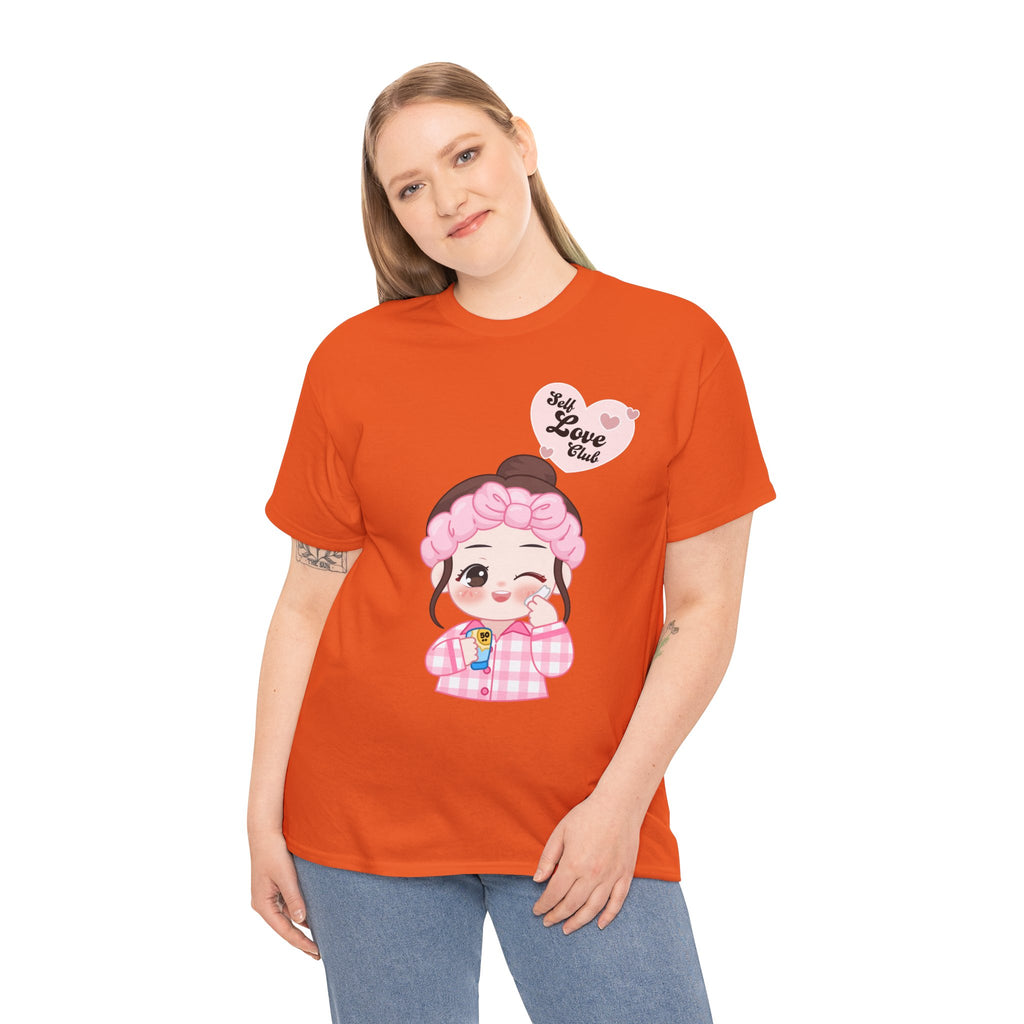 Person wearing an orange t-shirt with a cartoon character and text on a white background