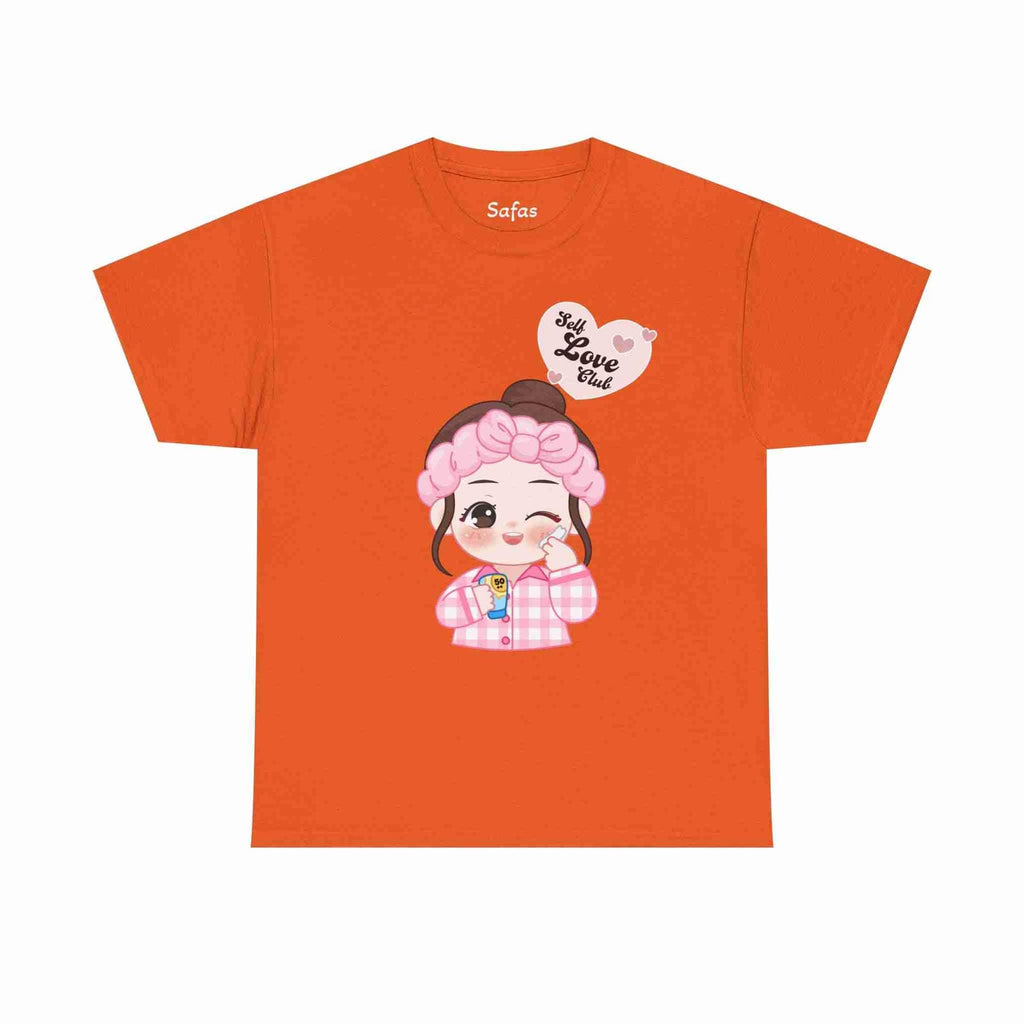 Orange t-shirt with a cartoon character and 'All I Love' text on a white background