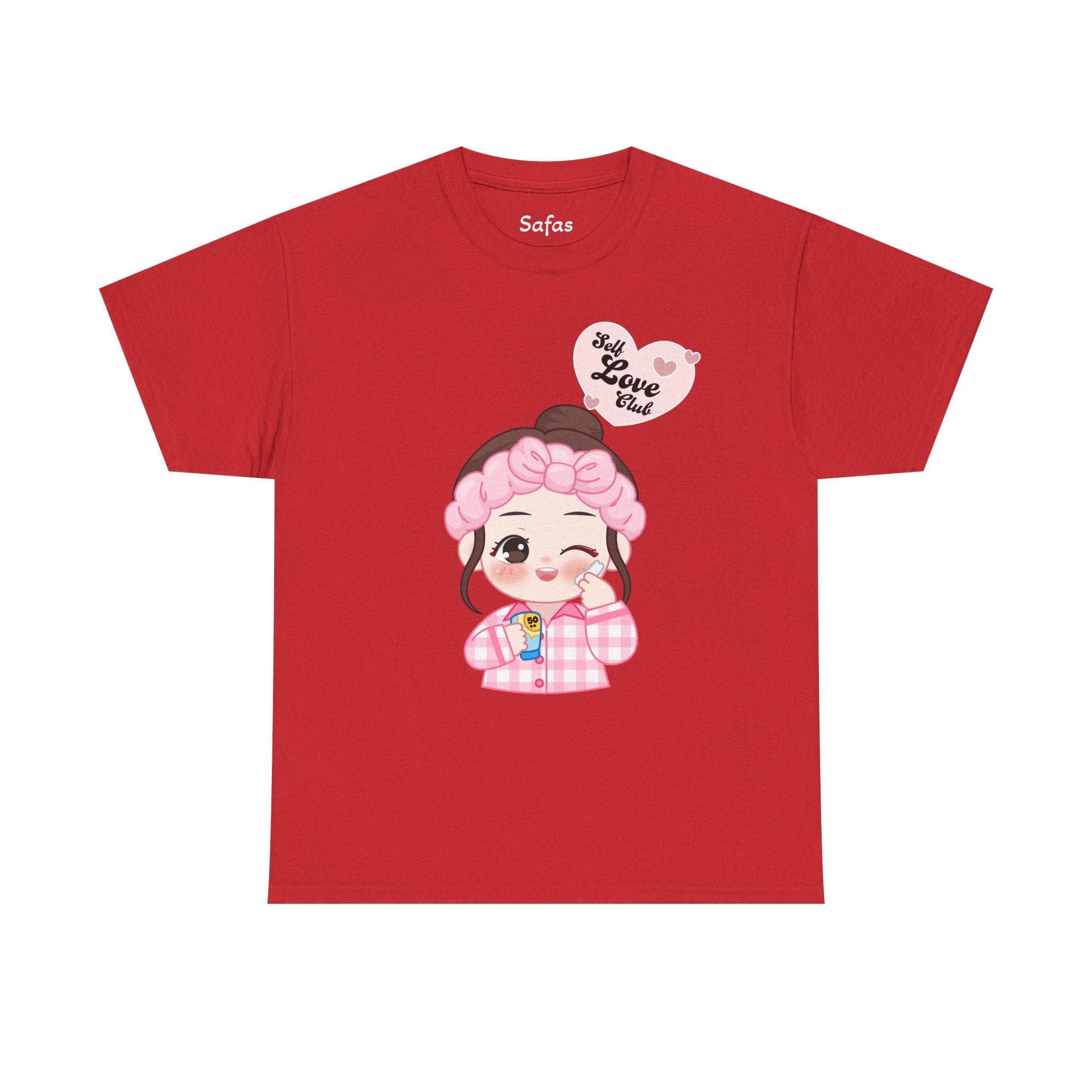 Red t-shirt with a cartoon character and 'All I Love' text on a white background