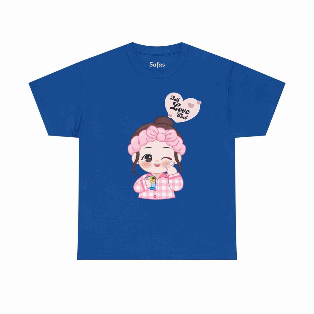 Royal t-shirt with a cartoon character and 'Self Love Club' text on a white background