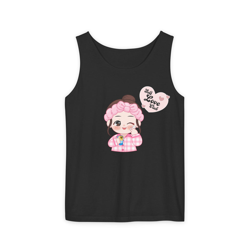 Black tank top with a cartoon character and text on a white background