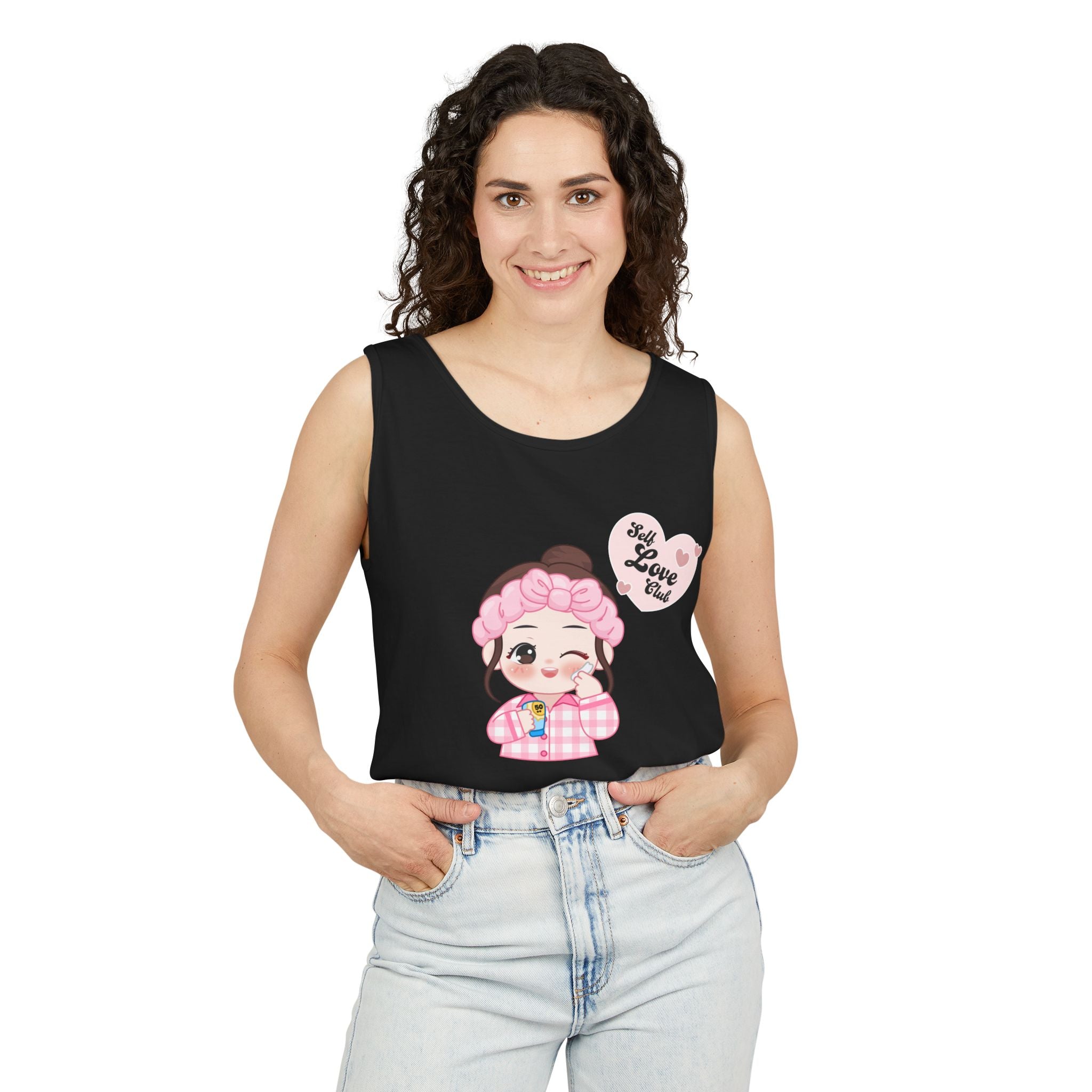 Woman wearing a black sleeveless shirt with a cartoon character design on a white background