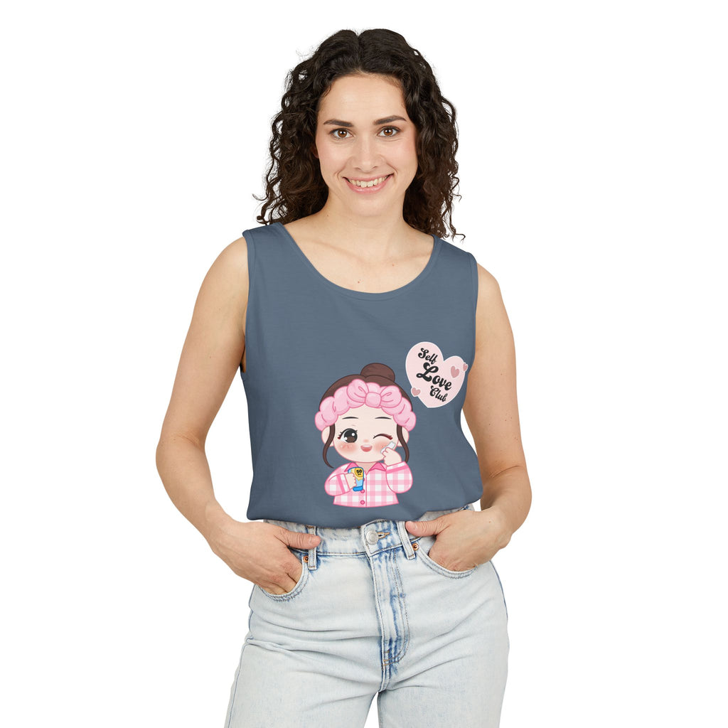 Woman wearing a Blue Jean sleeveless shirt with a cartoon character and text design on a white background