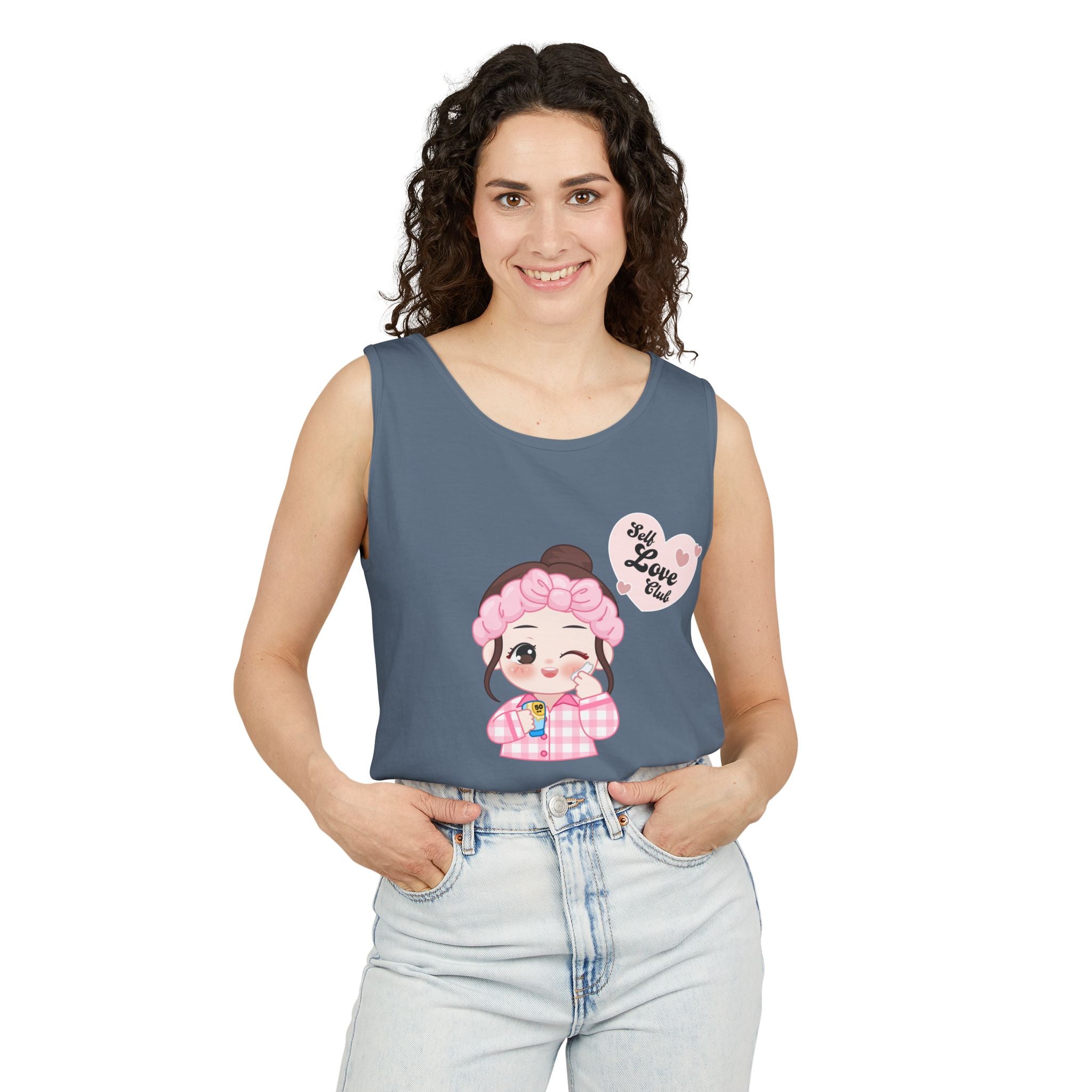 Woman wearing a Blue Jean sleeveless shirt with a cartoon character and text design on a white background