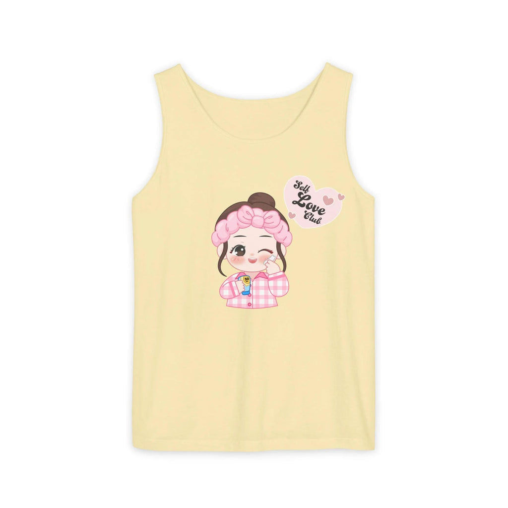 Butter tank top with a cartoon character and text on a white background