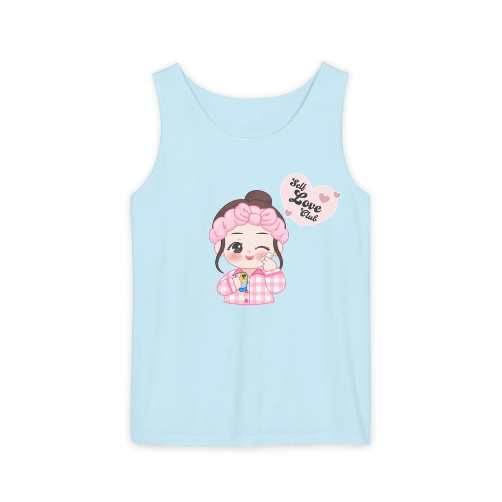 Chambray tank top with cartoon character and text on a white background