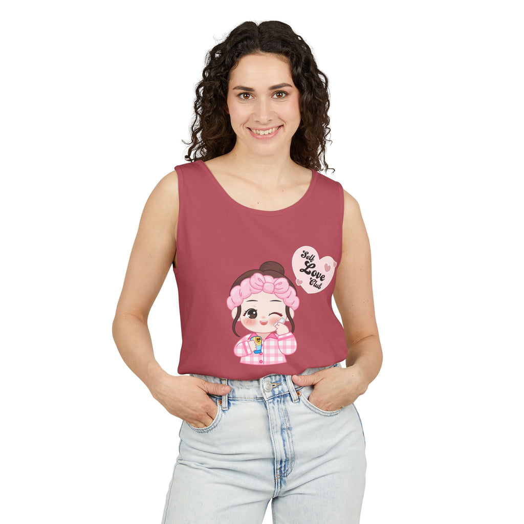 Woman wearing a Crimson  tank top with a cartoon character and text on a white background