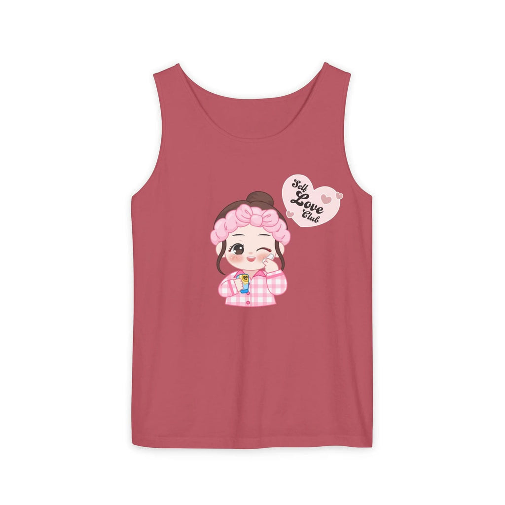 Crimson tank top with a cartoon character and text on a white background