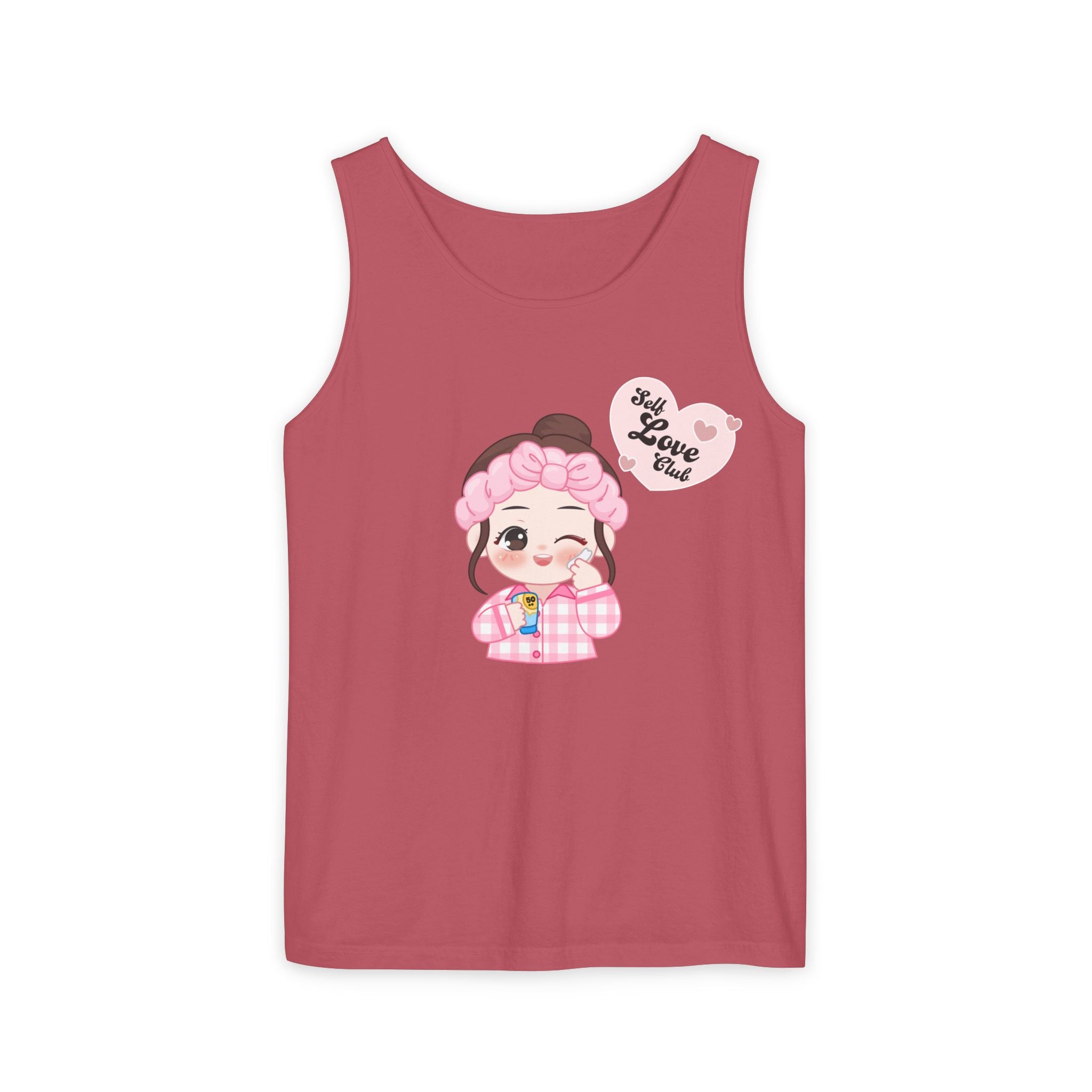 Crimson tank top with a cartoon character and text on a white background