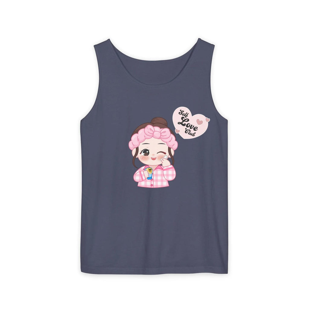 Denim tank top with cartoon character and text on a white background