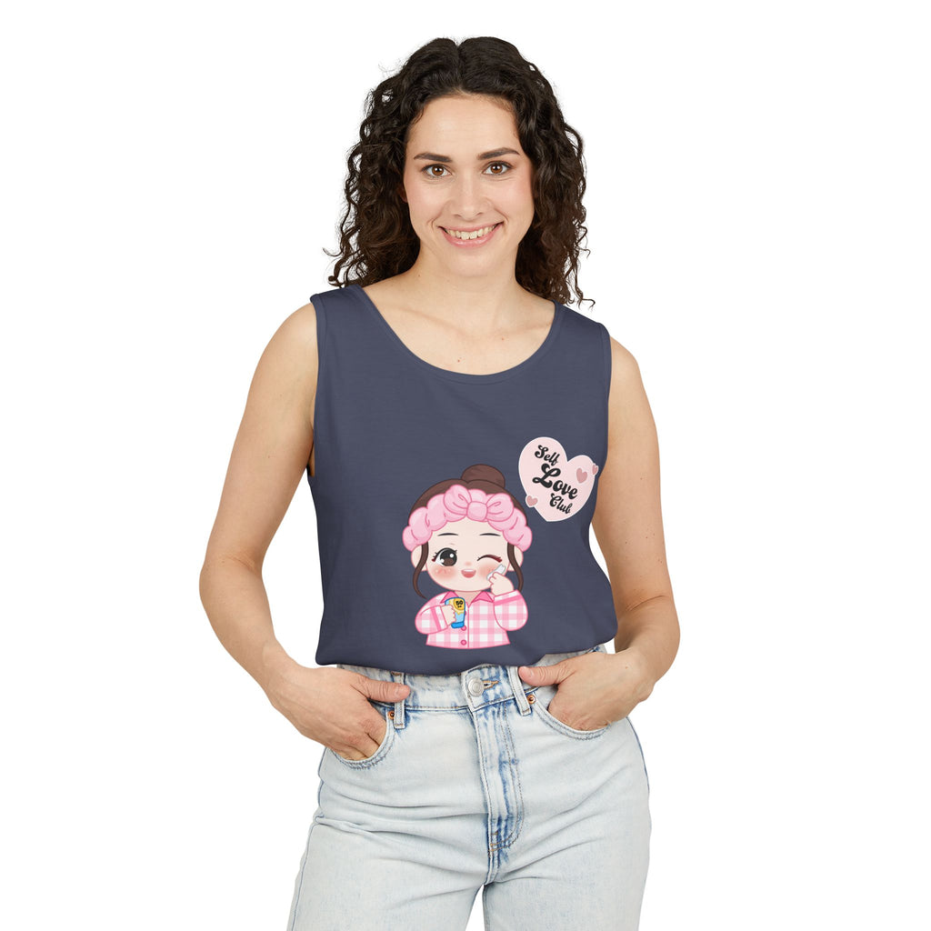 Woman wearing a Denim sleeveless shirt with a cartoon character and text on a white background