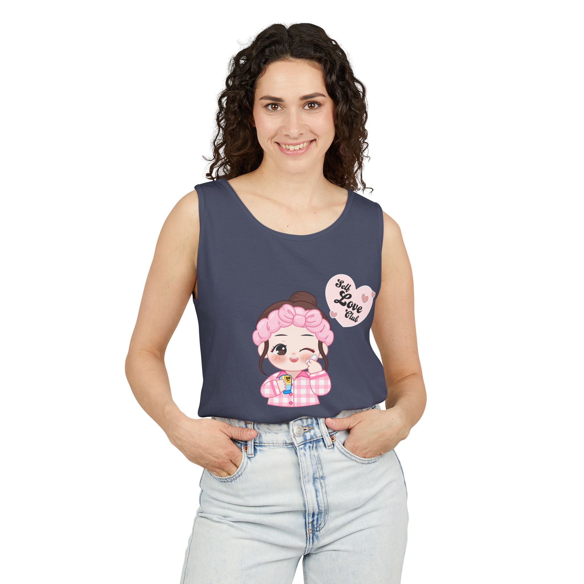 Woman wearing a Denim sleeveless shirt with a cartoon character and text on a white background