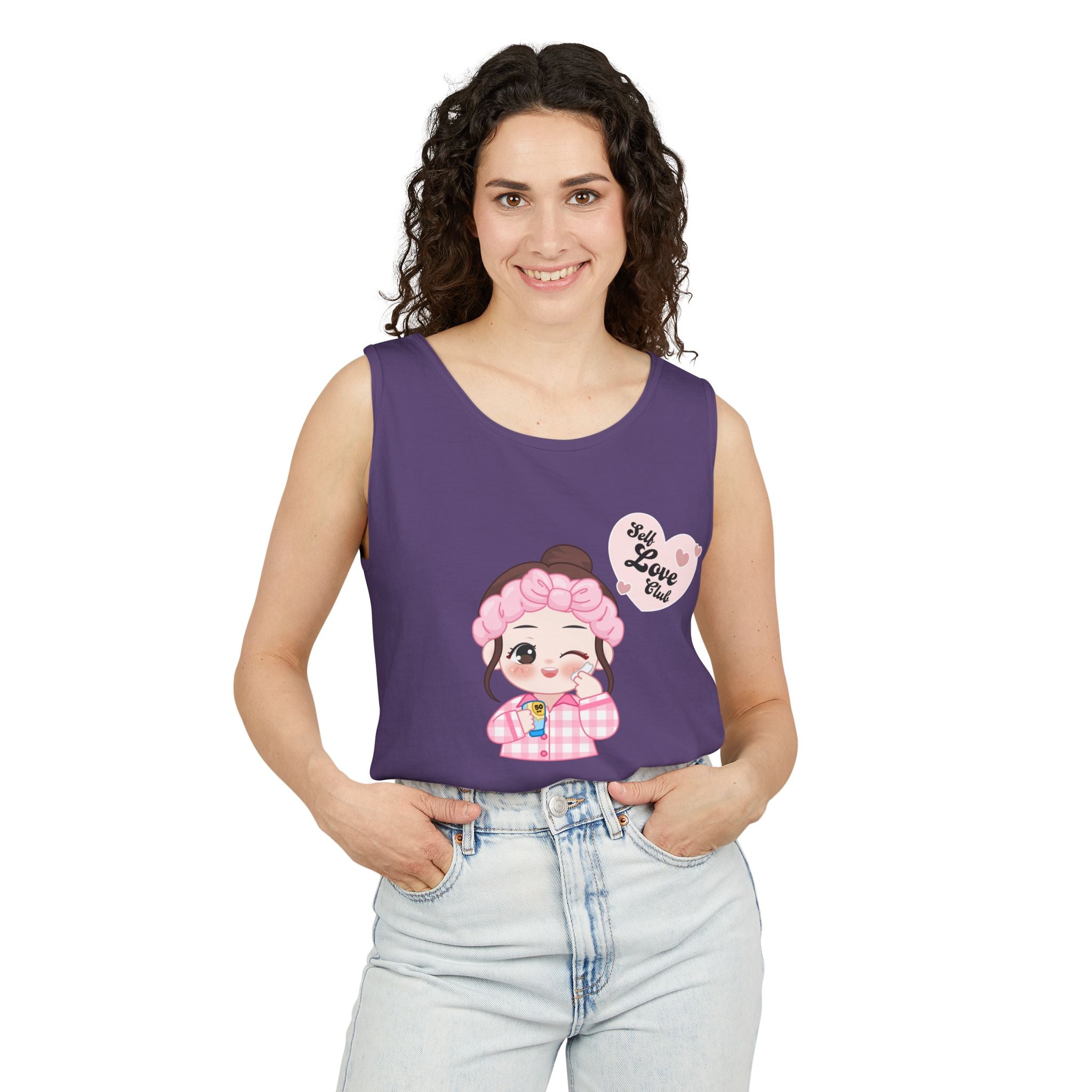Woman wearing a Grape tank top with a graphic design on a white background
