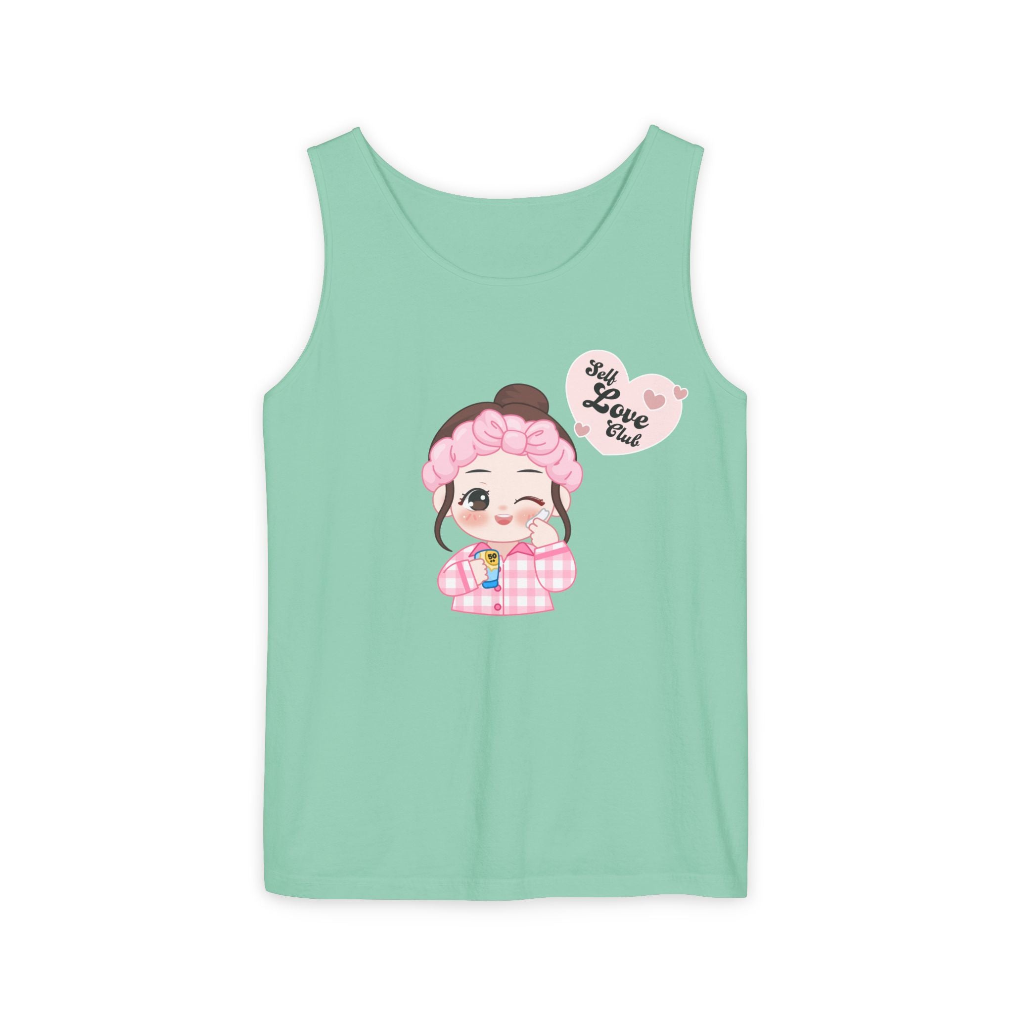 Island Reef tank top with a cartoon character and text on a white background