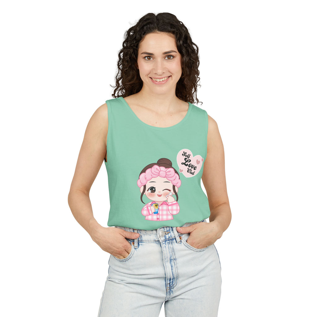 Woman wearing a Island Reef sleeveless shirt with a cartoon character and text on a white background