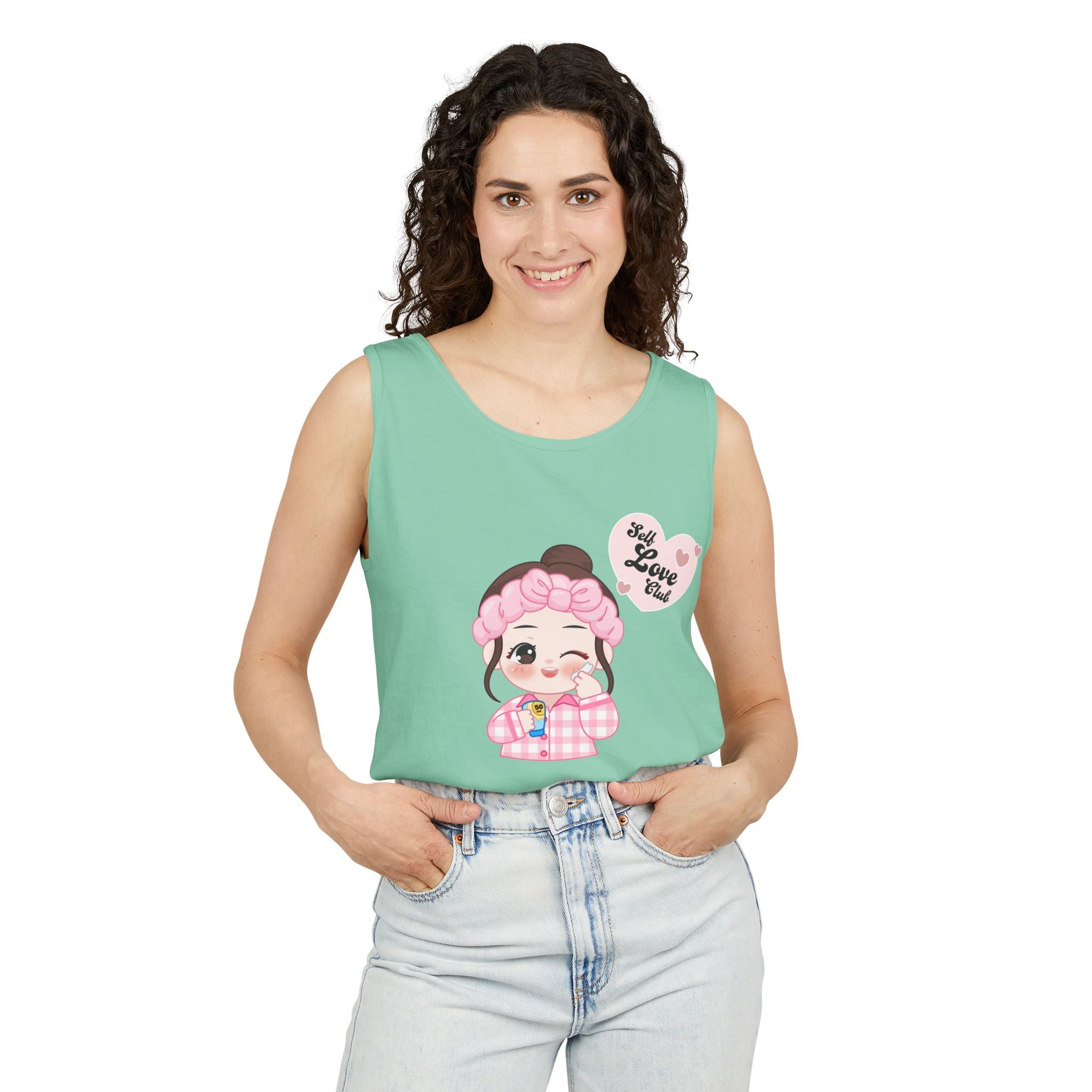 Woman wearing a Island Reef sleeveless shirt with a cartoon character and text on a white background