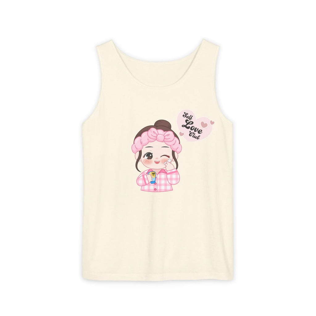 Ivory tank top with cartoon character and text on a white background