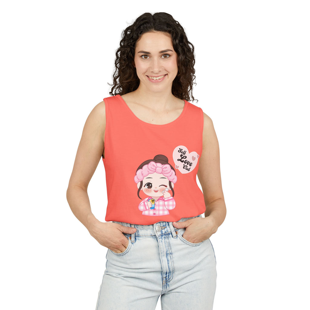 Woman wearing a Neon red orange tank top with a cartoon character and text on a white background
