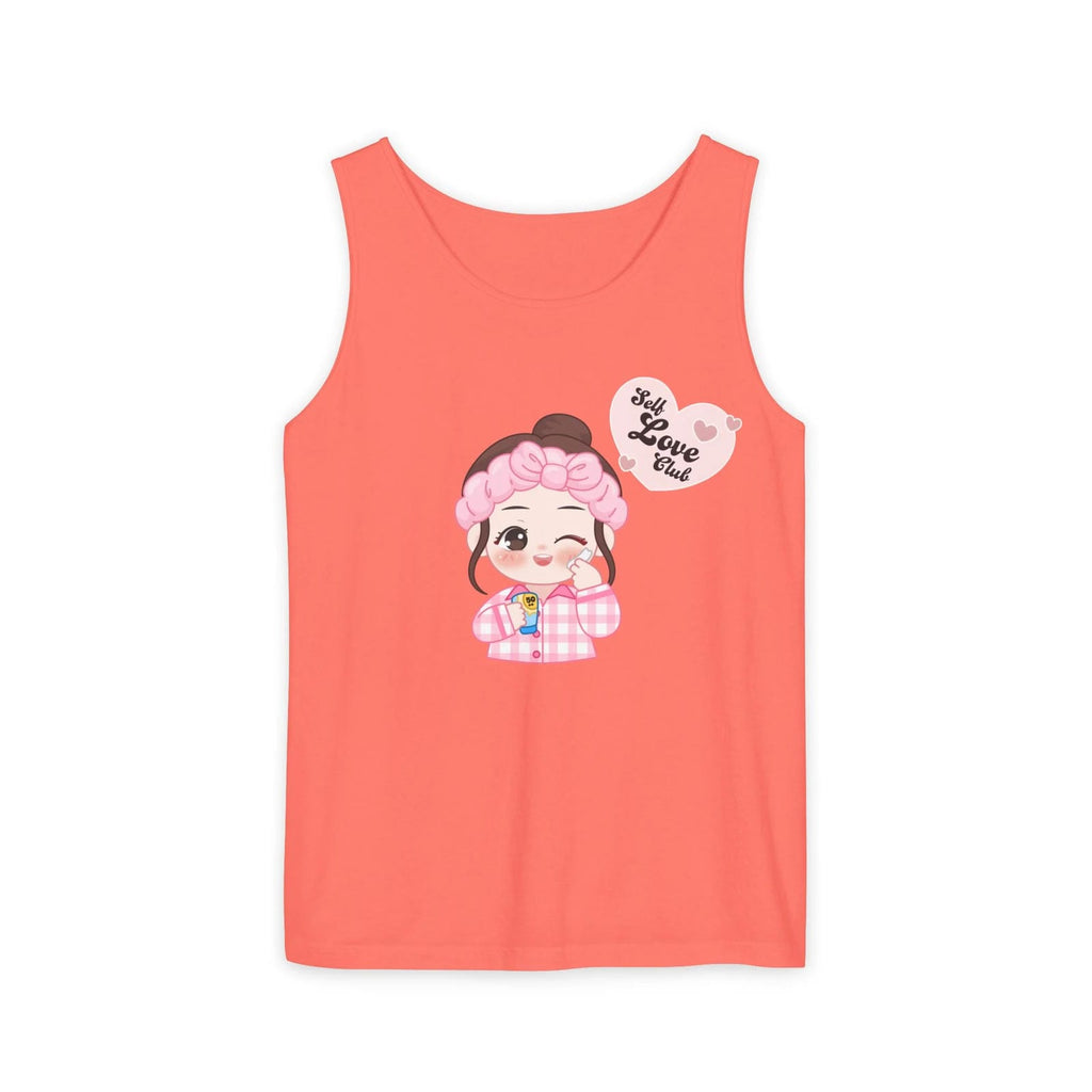 Neon red orange tank top with cartoon character and text on a white background