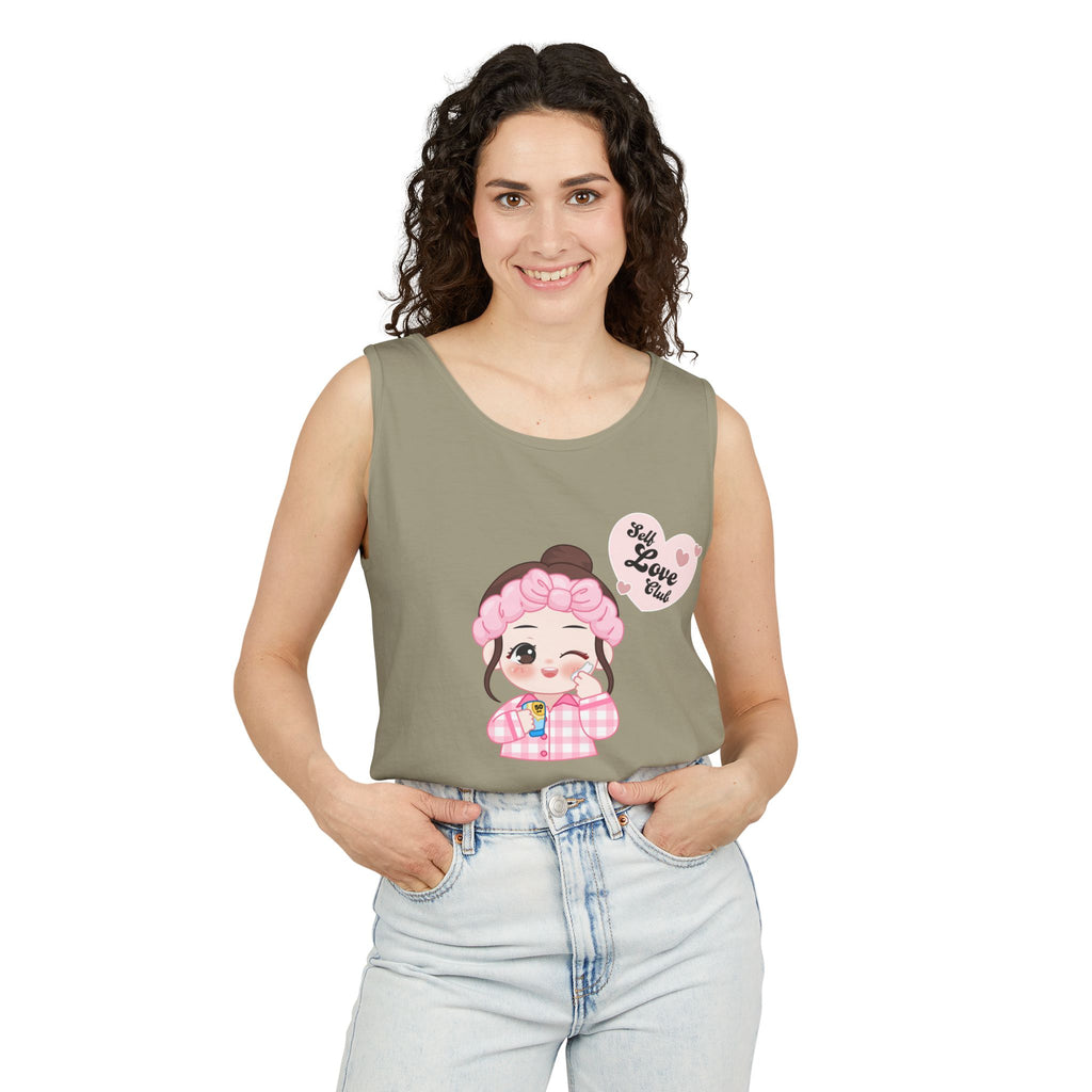 Woman wearing a Sandstone tank top with a cartoon character and text design on a white background