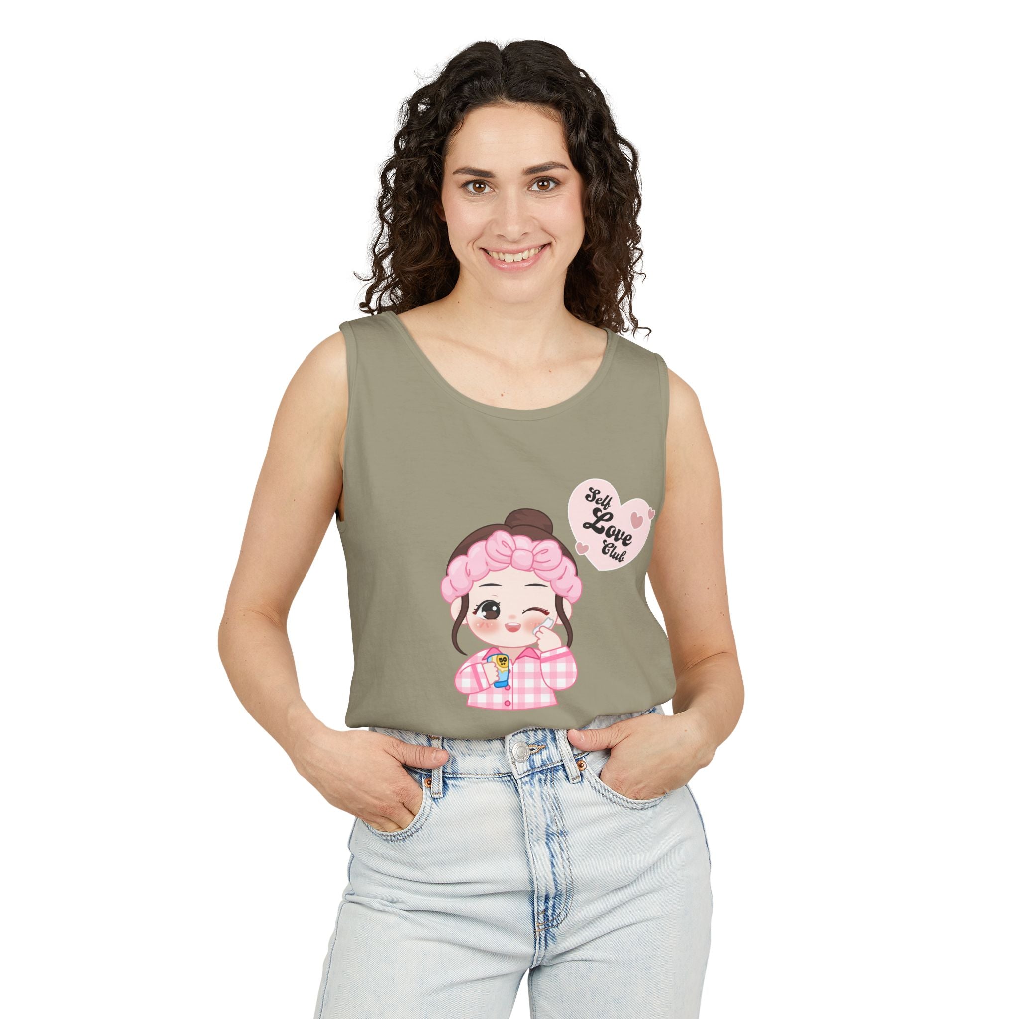 Woman wearing a Sandstone tank top with a cartoon character and text design on a white background