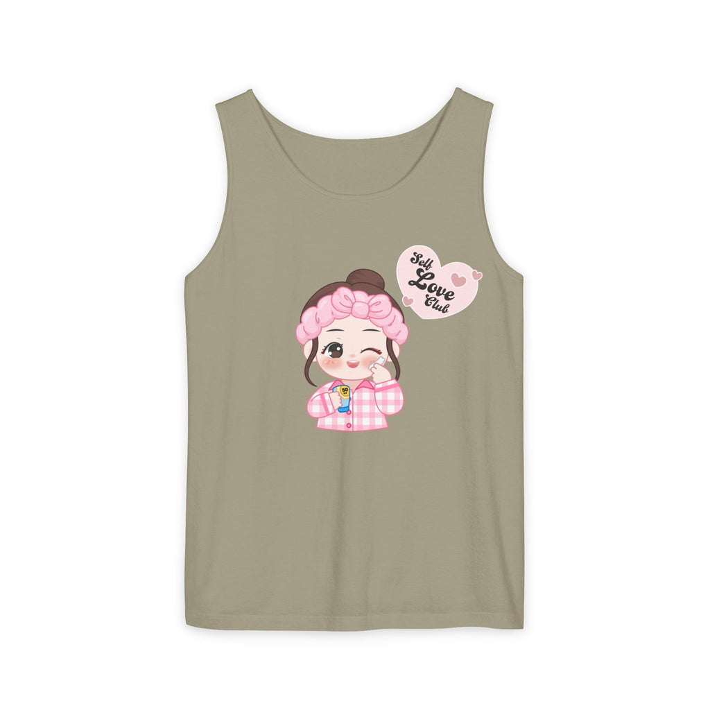 Sandstone Tank top with a cartoon character and 'Best Love Club' text on a beige background