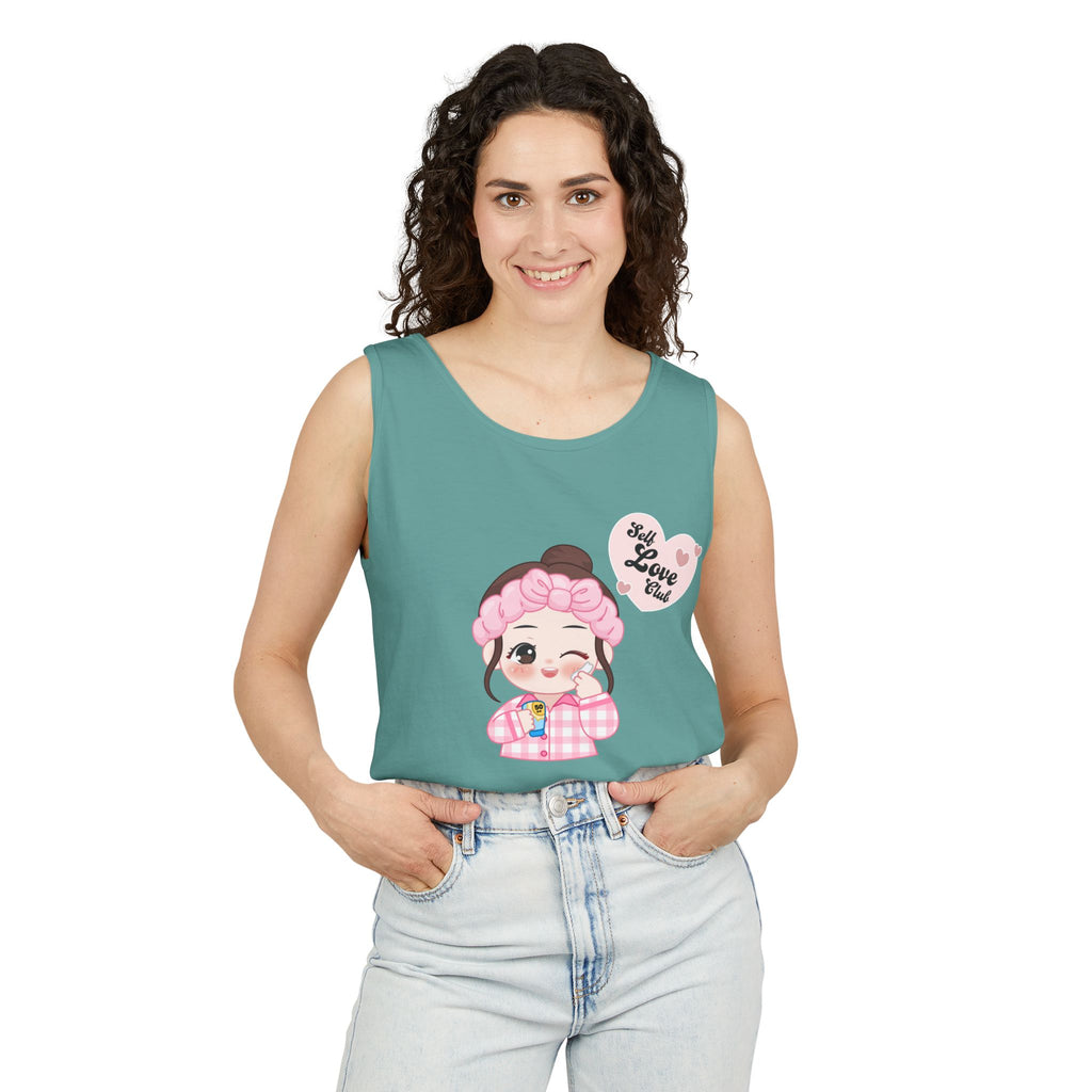 Woman wearing a Seafoam sleeveless shirt with a cartoon character and text design.