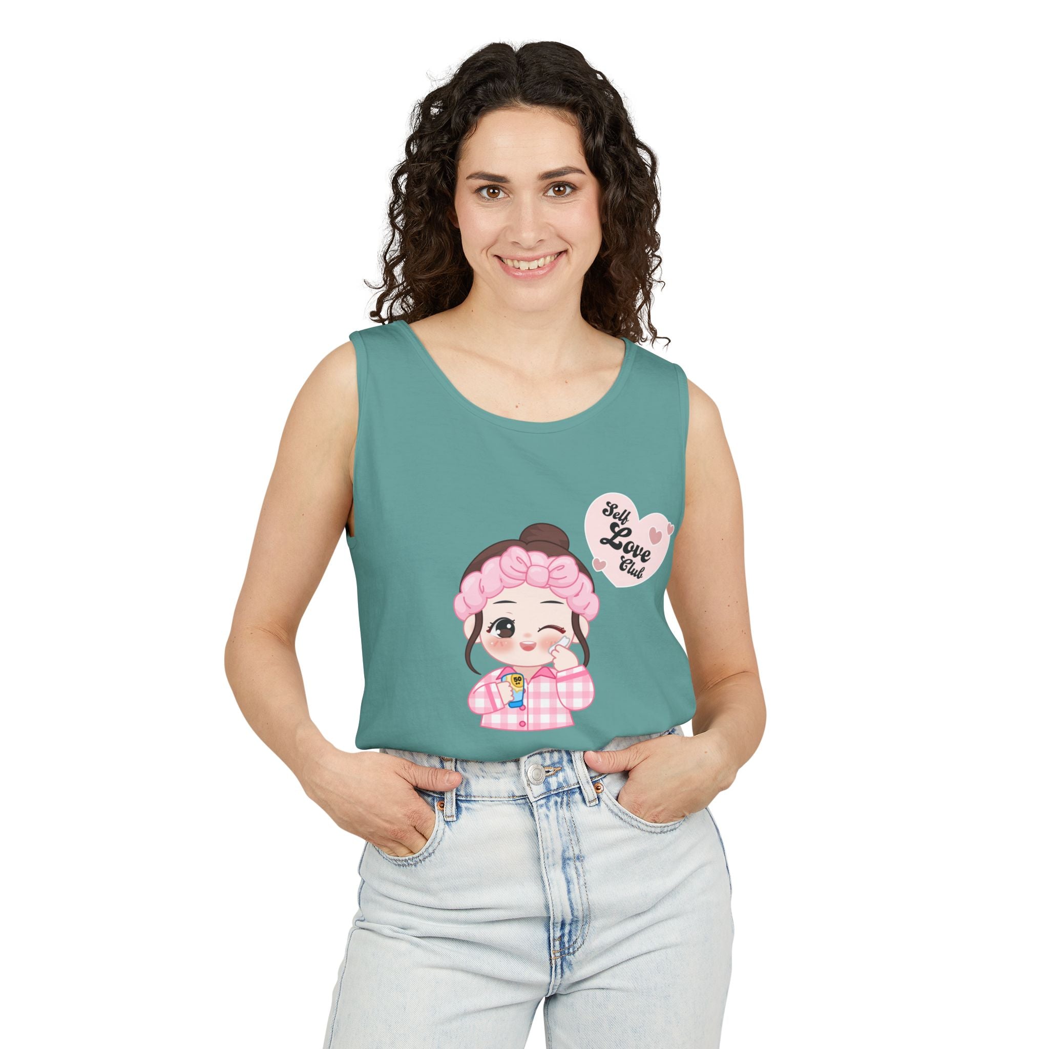 Woman wearing a Seafoam sleeveless shirt with a cartoon character and text design.
