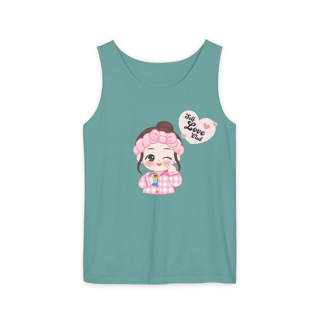 Seafoam tank top with cartoon character and text on a white background